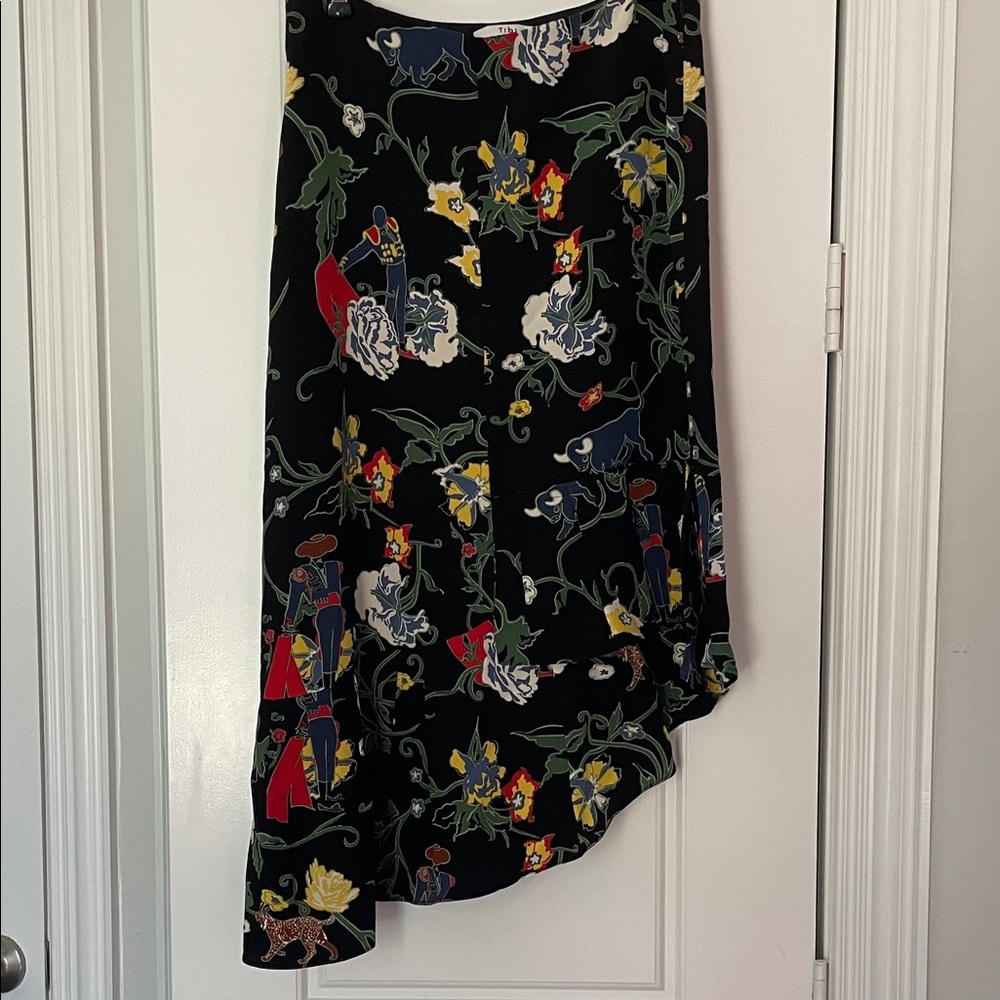 Tibi Black Asymmetrical Skirt with Floral Print, 100% Silk.
